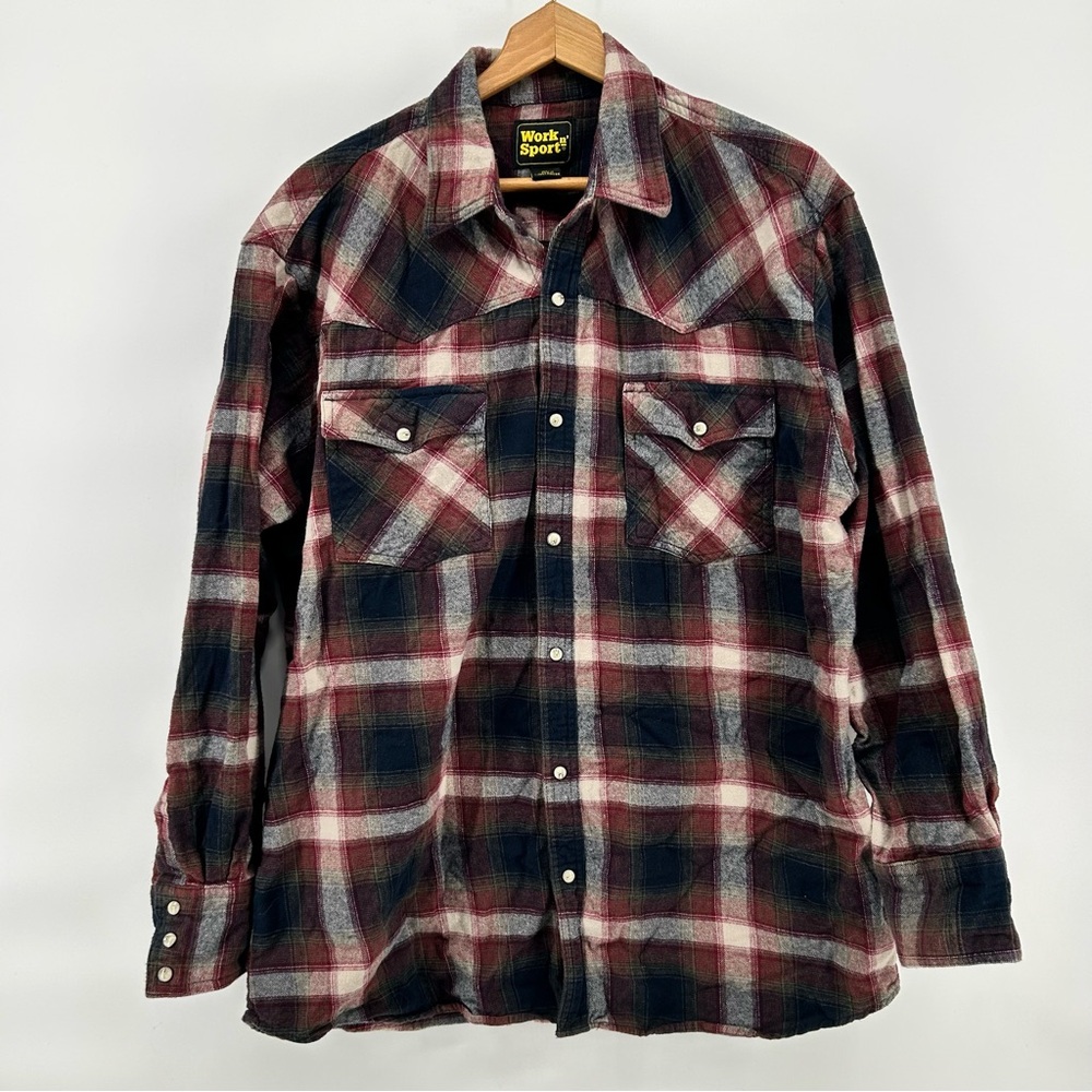 Work n Sport Flannel Pearl Snap Shirt Men's XL‎ Maroon Plaid Western Rodeo